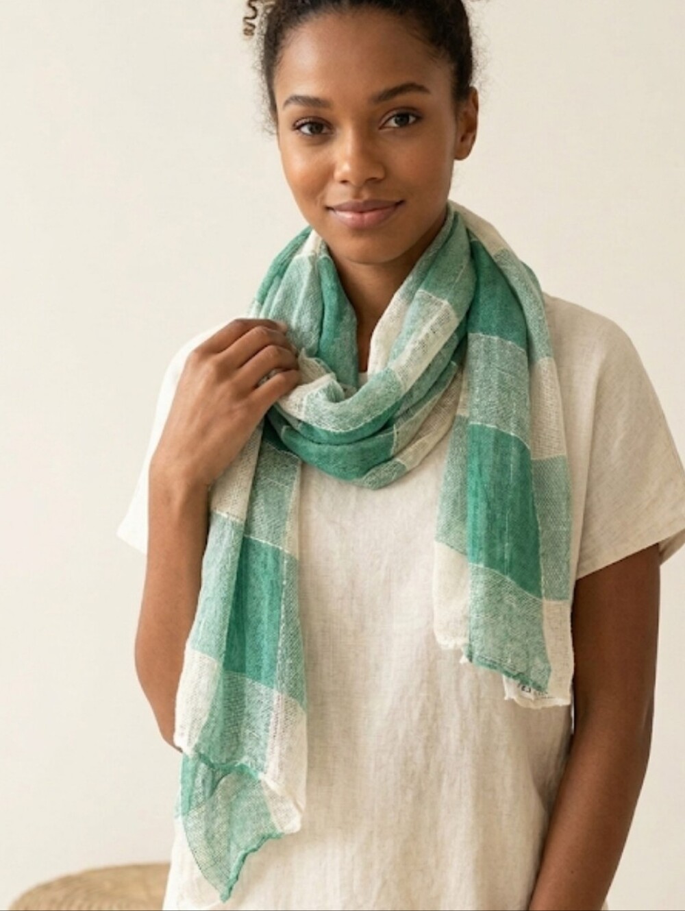 NWT Chaudry KC 100% Cotton Green Cream Open Weave Plaid Scarf